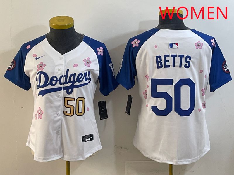 Women Los Angeles Dodgers #50 Betts White Blue Sakura Edition 2025 Nike MLB Jersey style 6
